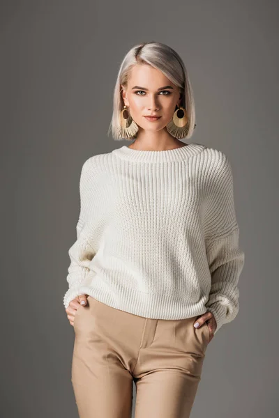Elegant Fashionable Woman Posing White Sweater Beige Pants Isolated Grey — Stock Photo, Image