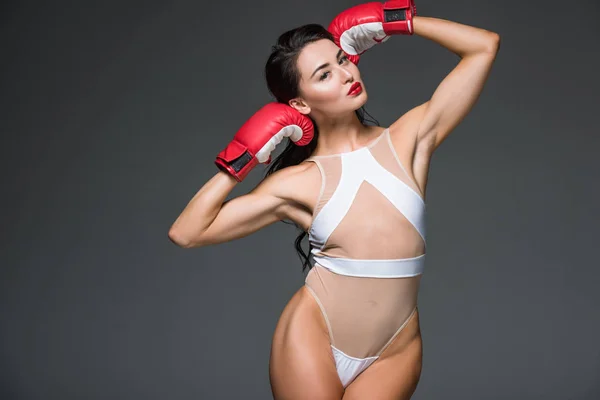 Sexy Beautiful Woman White Swimwear Boxing Gloves Posing Isolated Grey — Free Stock Photo