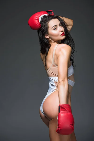 Side View Sexy Sportive Woman Posing White Sportswear Boxing Gloves — Stock Photo, Image