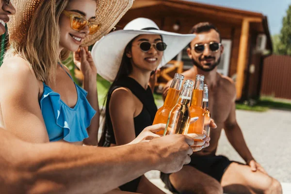 Young Multicultural People Clinking Bottles Beer Summer — Stock Photo, Image