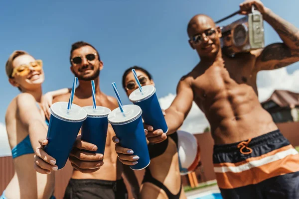Multicultural Friends Clinking Cups Holding Retro Boombox Selective Focus — Stock Photo, Image