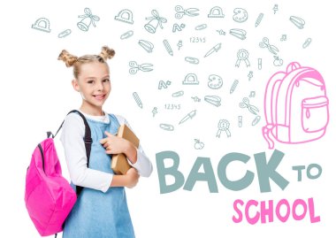 smiling schoolchild with pink backpack holding books and looking at camera isolated on white, with icons and 