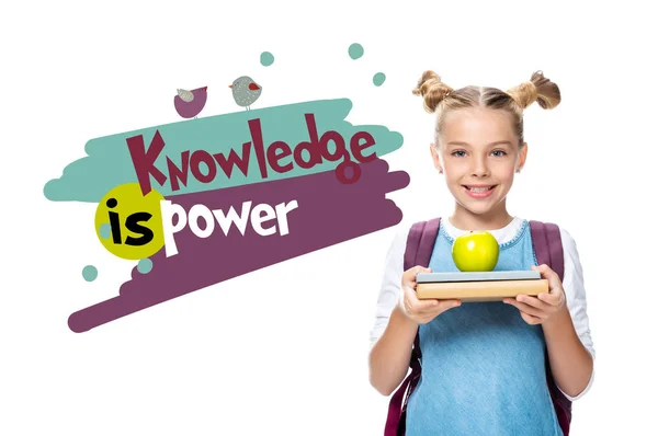学童把苹果放在白色的书本上 知识就是力量 — 图库照片