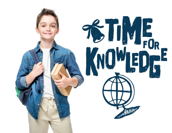 Schooljongen Holding Rugzak Boeken Geïsoleerd Wit Met Wereldbol Time Knowledge — Stockfoto