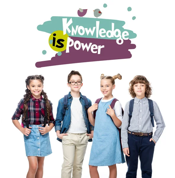 Cheerful Schoolchildren Looking Camera Isolated White Knowledge Power Lettering — Stock Photo, Image