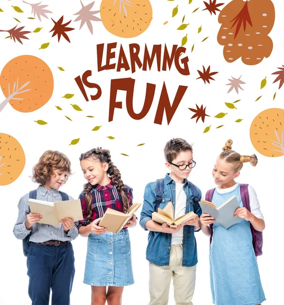 Friends Standing Reading Books Isolated White Learning Fun Lettering — Stock Photo, Image