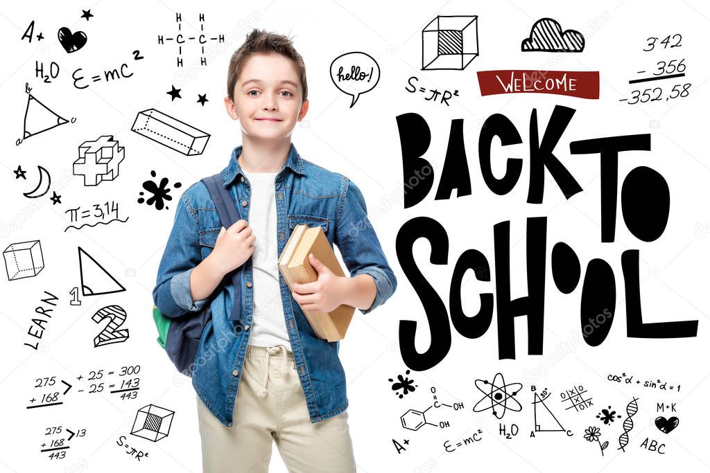 schoolboy holding backpack and books isolated on white, with icons and 