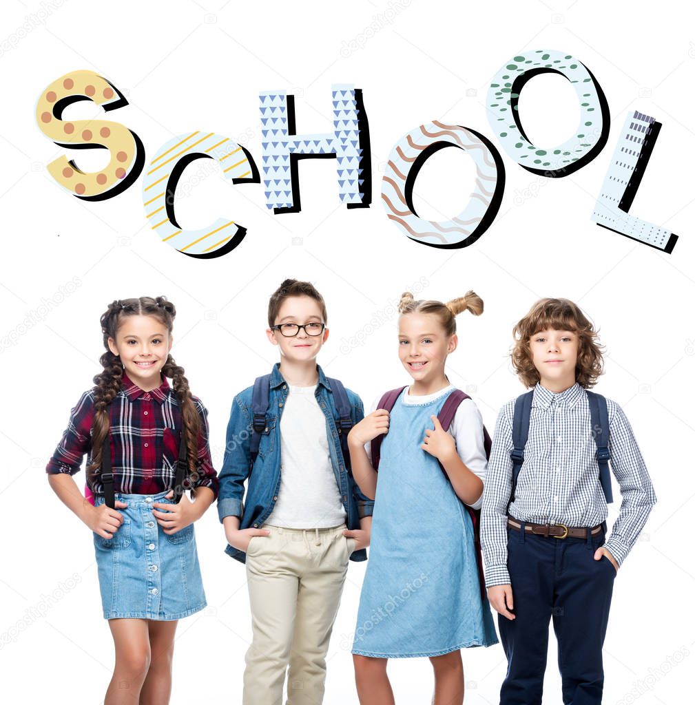 cheerful schoolchildren looking at camera isolated on white, with 