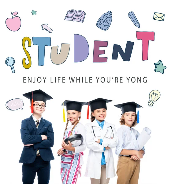 Crianças Idade Escolar Trajes Diferentes Profissões Bonés Graduação Isolados Branco — Fotografia de Stock