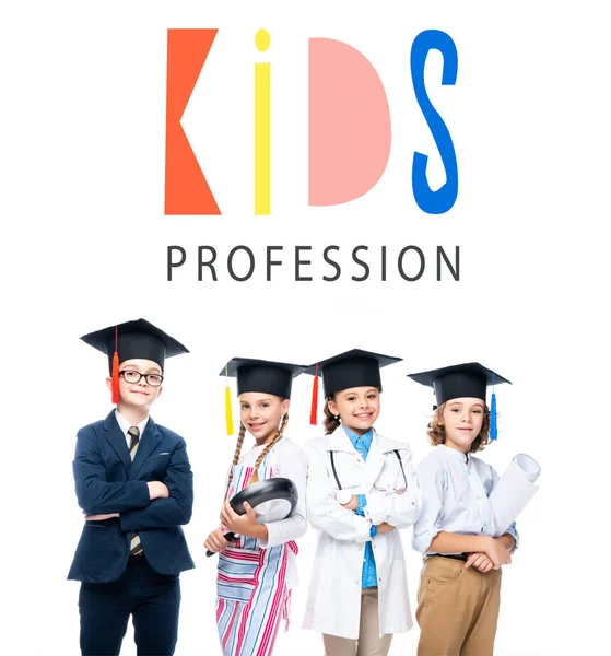 Schoolchildren Costumes Different Professions Graduation Caps Isolated White Kids Profession — Stock Photo, Image
