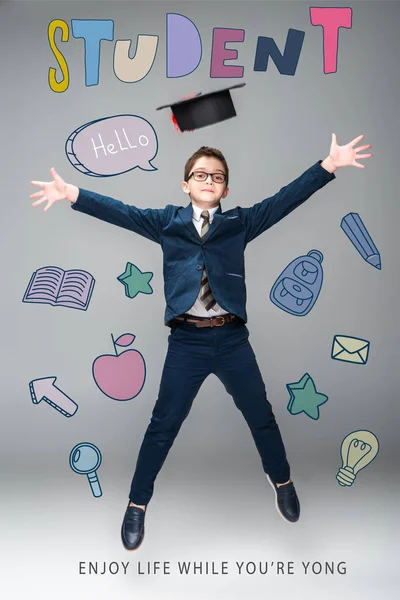 Schoolboy Graduation Cap Jumping Isolated Grey Educational Icons Student Enjoy — Free Stock Photo