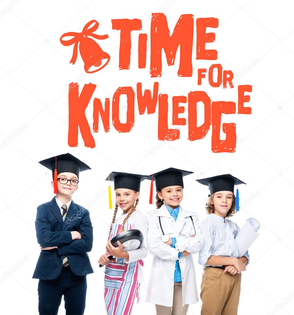 schoolchildren in costumes of different professions and graduation caps isolated on white, with 