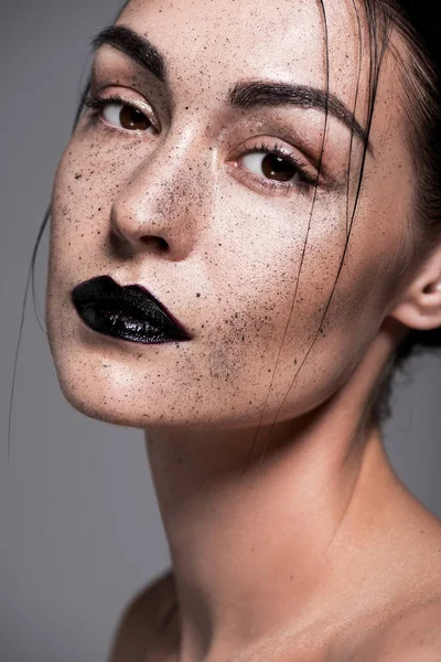 Fashionable Girl Black Lips Freckles Face Isolated Grey — Stock Photo, Image