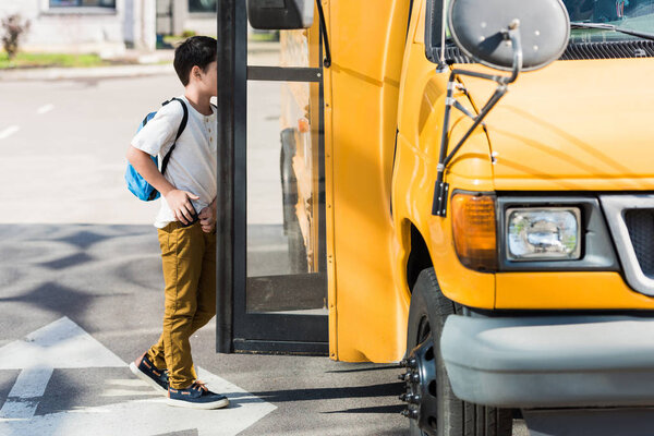 side view of schoolboy entering school bus