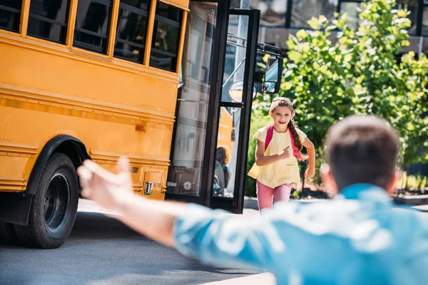 Rear View Father Open Arms Waiting Adorable Little Daughter While — Stock Photo, Image