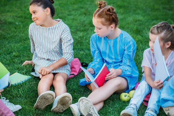 草に放課後の時間を一緒に過ごす愛らしい女子グループ — ストック写真