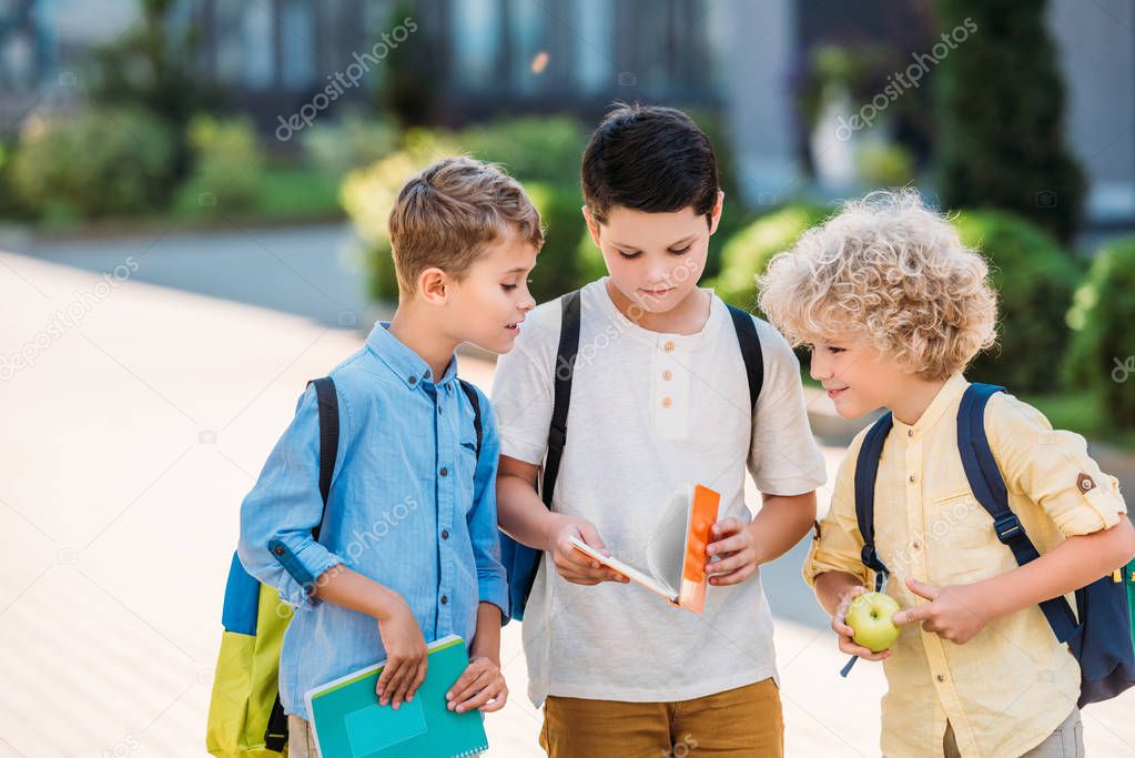 group of adorable schoolboys looking at notebook together