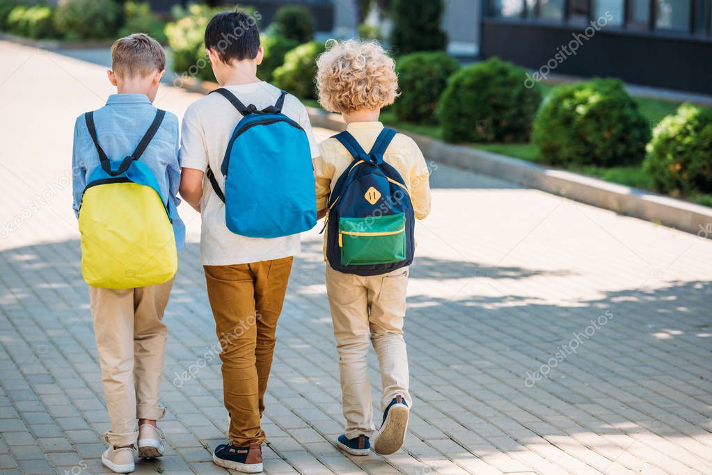 rear view of schoolchboys with backpacks walking together