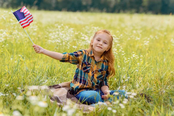 Cute Kid American Flagpole Resting Green Grass Field — Free Stock Photo