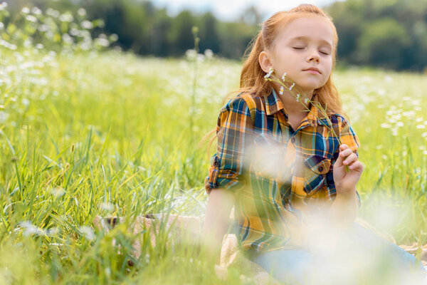 портрет ребенка с закрытыми глазами и полевые цветы в руке отдыхают на лугу
