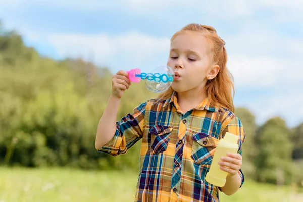 Portrait Kid Blowing Soap Bubbles Meadow — Stock Photo, Image