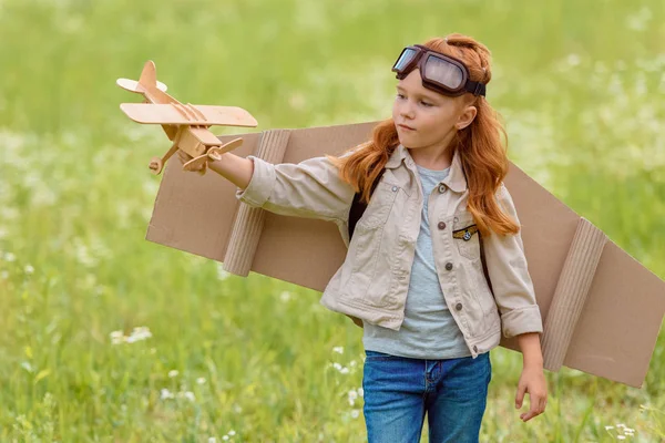 Portrait Little Child Pilot Costume Wooden Toy Plane Standing Meadow — Stock Photo, Image