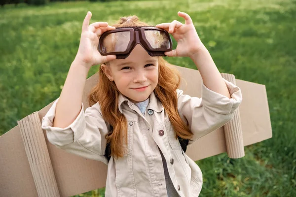 Portrait Little Child Pilot Costume Wearing Protective Eyeglasses Summer Field — Stock Photo, Image