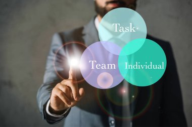 başarılı bir iş adamı olan görev, takım ve bireysel kelime daireler dokunmadan kırpılmış görünümünü