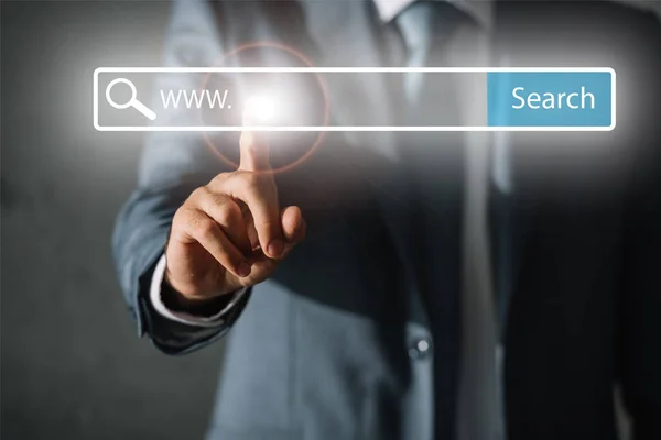 Cropped View Seo Manager Suit Touching Website Search Bar — Stock Photo, Image