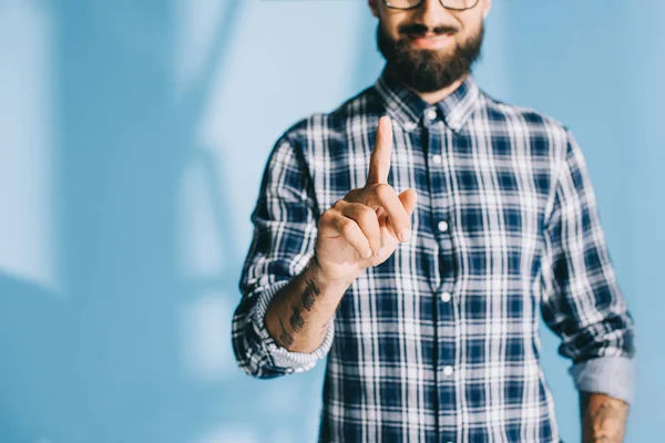Cropped View Man Checkered Shirt Pointing Something Blue — Stock Photo, Image