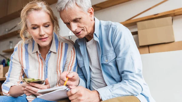 Casal Sênior Contando Dinheiro Tomando Notas Caderno Durante Realocação — Fotografia de Stock