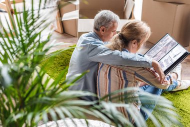 high angle view of senior couple looking at photo album while moving home clipart