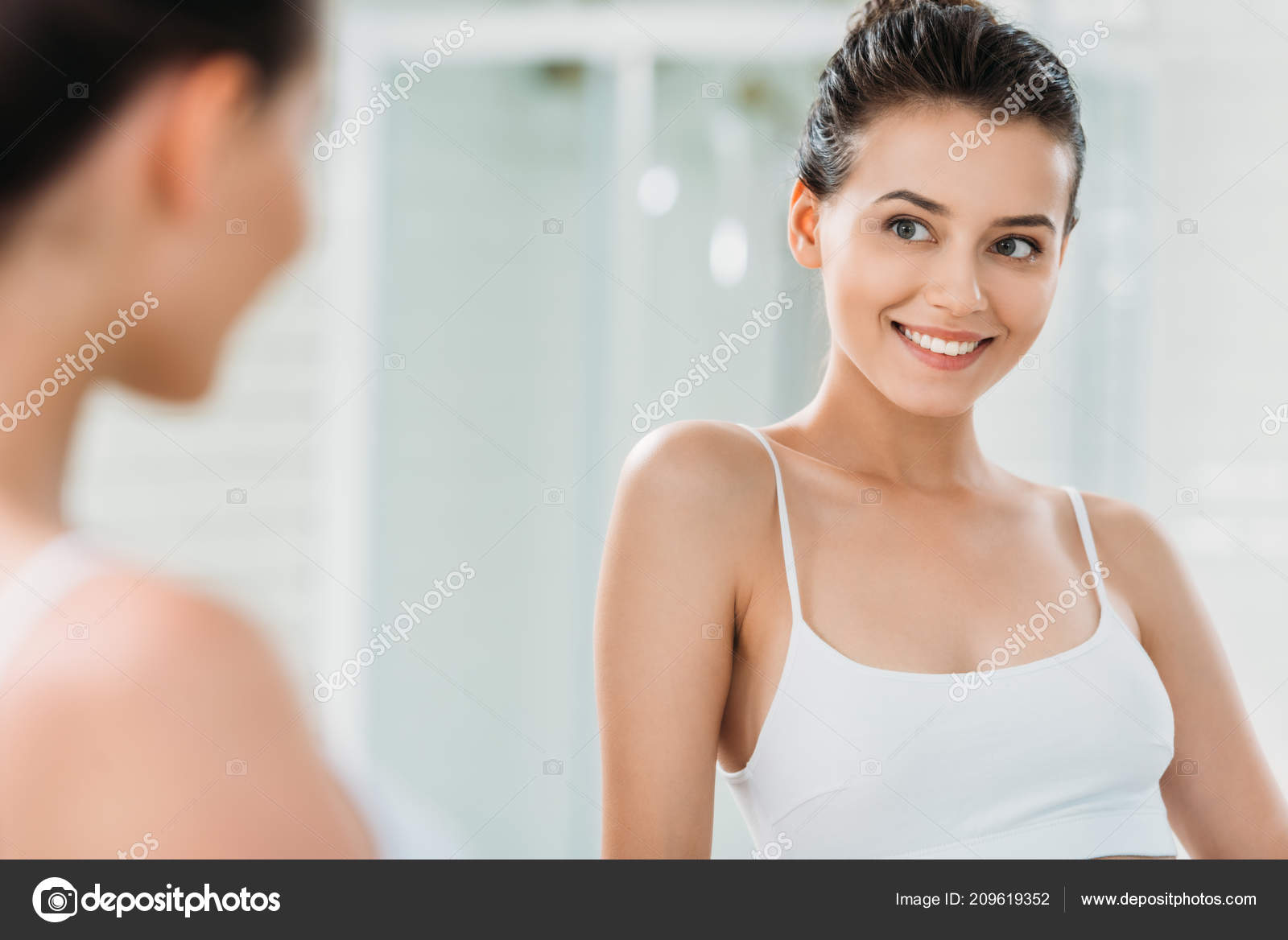 Beautiful Smiling Brunette Girl Underwear Looking Mirror