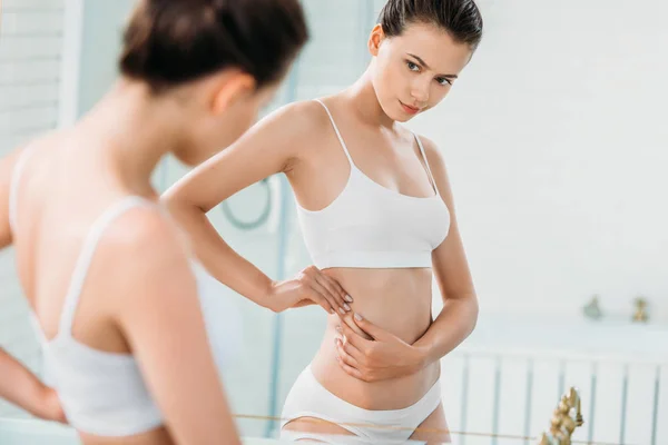 Young Woman Underwear Looking Mirror Bathroom — Stock Photo, Image