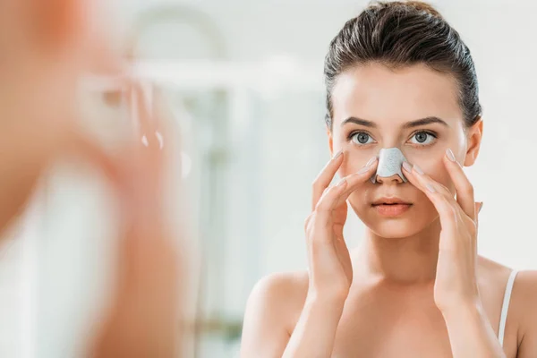 Attractive Girl Applying Nose Strip Looking Mirror Bathroom — Stock Photo, Image