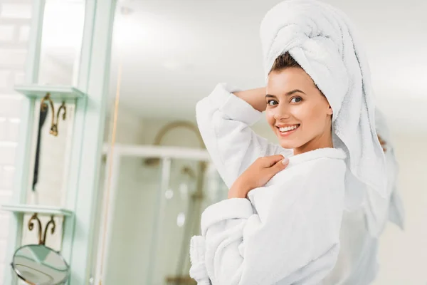 Beautiful Young Woman Bathrobe Towel Head Smiling Camera Bathroom — Stock Photo, Image