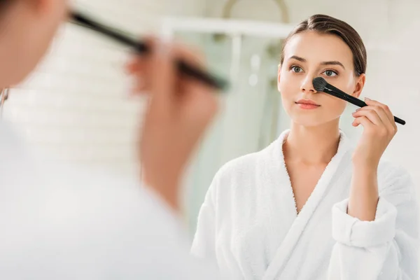 Selective Focus Beautiful Brunette Girl Bathrobe Looking Mirror Applying Makeup — Stock Photo, Image