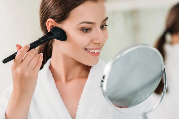 Beautiful Smiling Brunette Girl Bathrobe Applying Powder Bronzer Brush — Stock Photo, Image