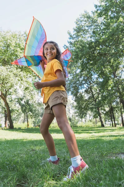 Low Angle View Cute Happy Child Holding Colorful Kite Looking — Stock Photo, Image