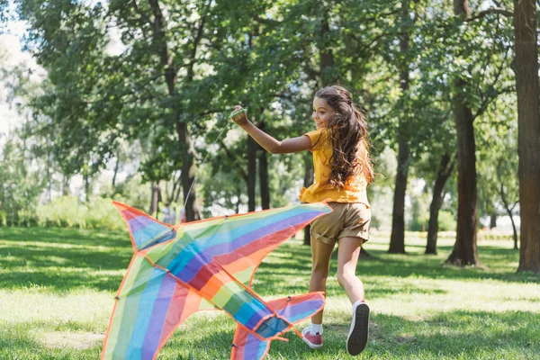 Cute Happy Kid Playing Colorful Kite Running Park — Stock Photo, Image