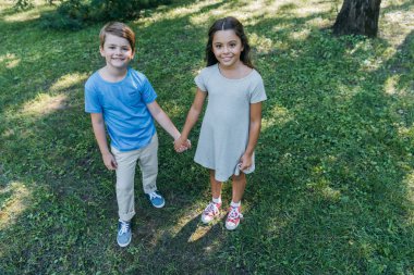 high angle view of cute children holding hands and smiling at camera in park  clipart