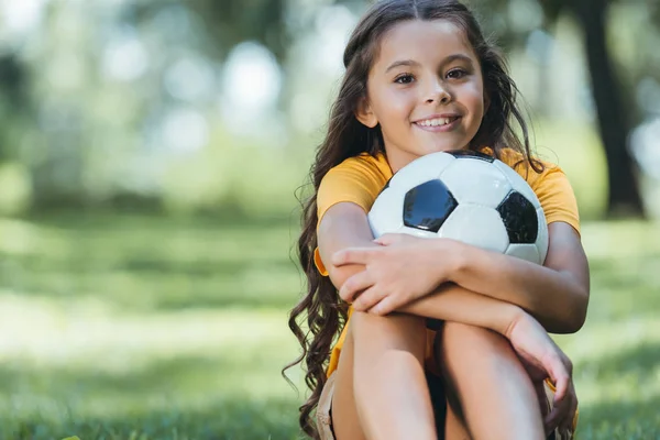 Adorable Happy Child Holding Soccer Ball Smiling Camera Park — Stock Photo, Image