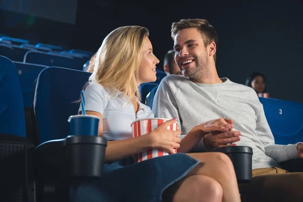 Smiling Couple Popcorn Soda Drink Holding Hands While Watching Film — Stock Photo, Image