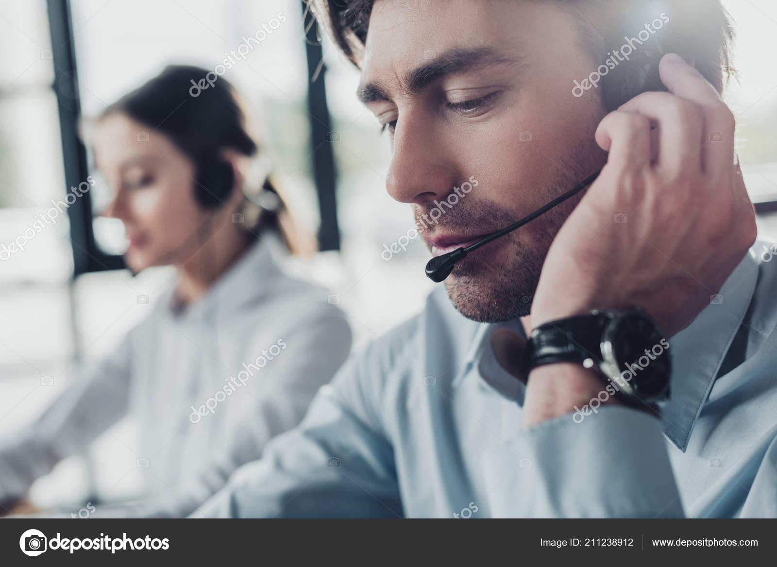 Handsome Call Center Manager Headphones Mike Sitting Workplace While