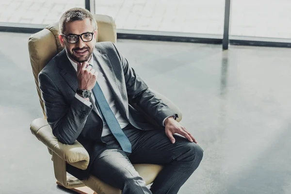 High Angle View Handsome Smiling Businessman Sitting Luxury Armchair Modern — Stock Photo, Image