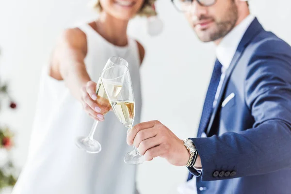 Cropped Image Businesspeople Santa Hats Clinking Glasses Champagne Office — Stock Photo, Image