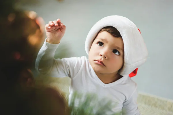 Очаровательный Мальчик Шляпе Санты Украшающий Рождественскую Елку — Бесплатное стоковое фото