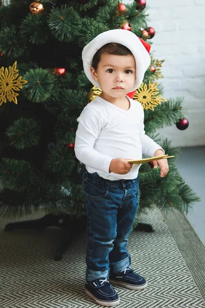 Süßer Junge Mit Weihnachtsmütze Und Stern Beim Dekorieren Des Weihnachtsbaums — Stockfoto