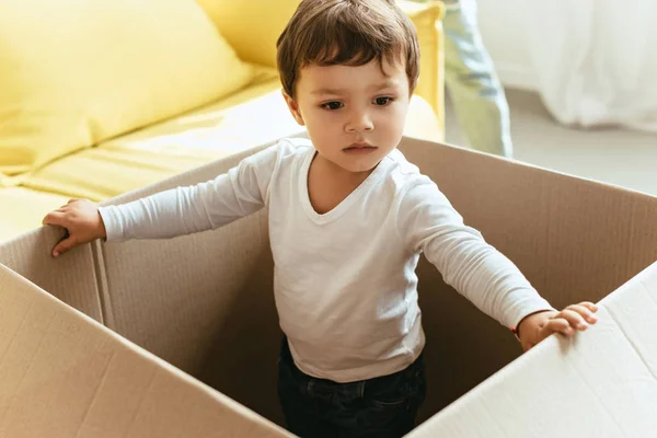 Αξιολάτρευτο Παιδί Στέκεται Μεγάλο Χαρτόνι Κουτί Στο Σπίτι — Φωτογραφία Αρχείου