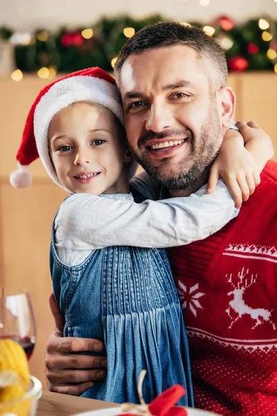 Portrait Happy Little Kid Christmas Embracing Father Table Holiday Dinner — Stock Photo, Image